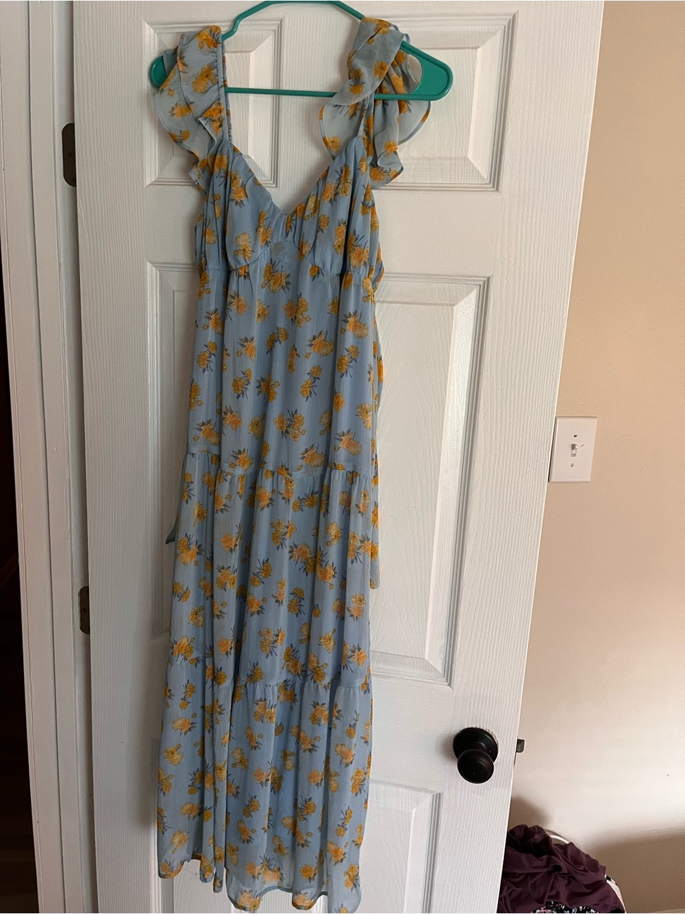 Lush Pale Blue Maxi Dress with Yellow Floral Print